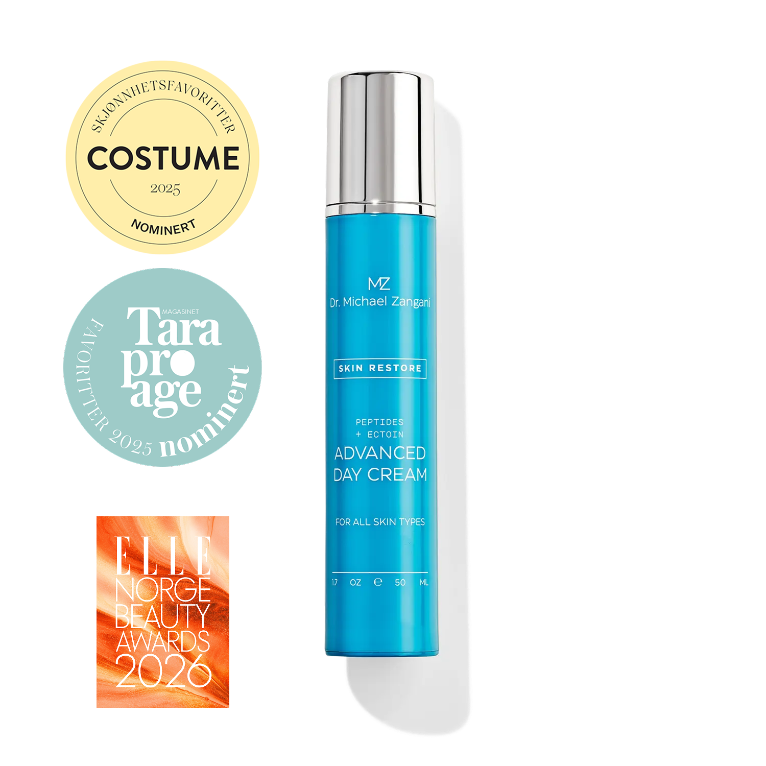 Dr. Michael Zangani advanced day cream nominert til Costume Beauty awards og Tara Pro Age og elle awards