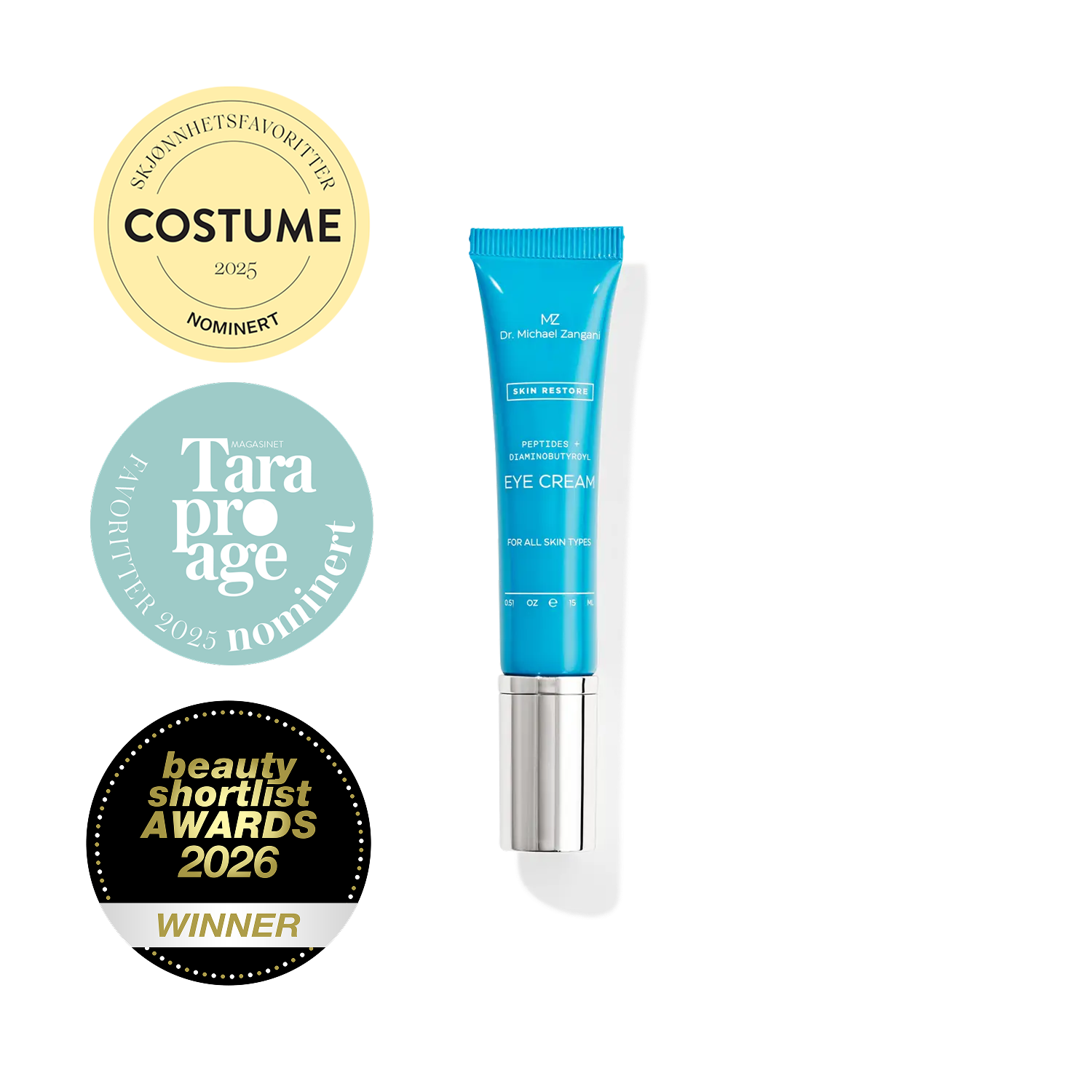 Dr. Michael Zangani Restore Eye Cream nominert til Costume Beauty awards og Tara Pro Age og Beauty Short list award winner
