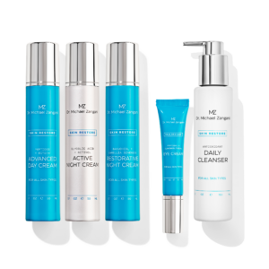Anti-Age sett inneholder Daily Cleanser 150ML, Advanced Day Cream 50ML, Active Night Cream 50ML, Restorative Night Cream 50ML, Eye Cream 15ML
