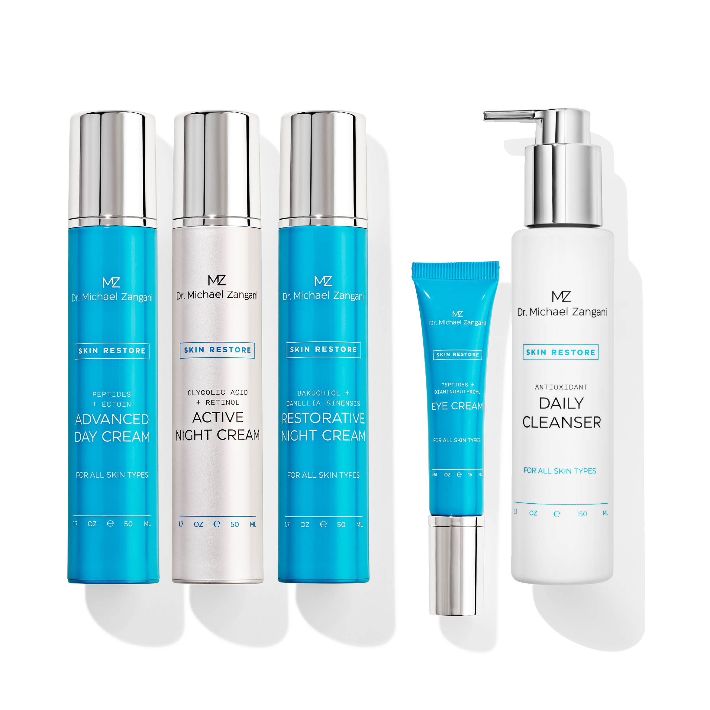 Anti-Age sett inneholder Daily Cleanser 150ML, Advanced Day Cream 50ML, Active Night Cream 50ML, Restorative Night Cream 50ML, Eye Cream 15ML
