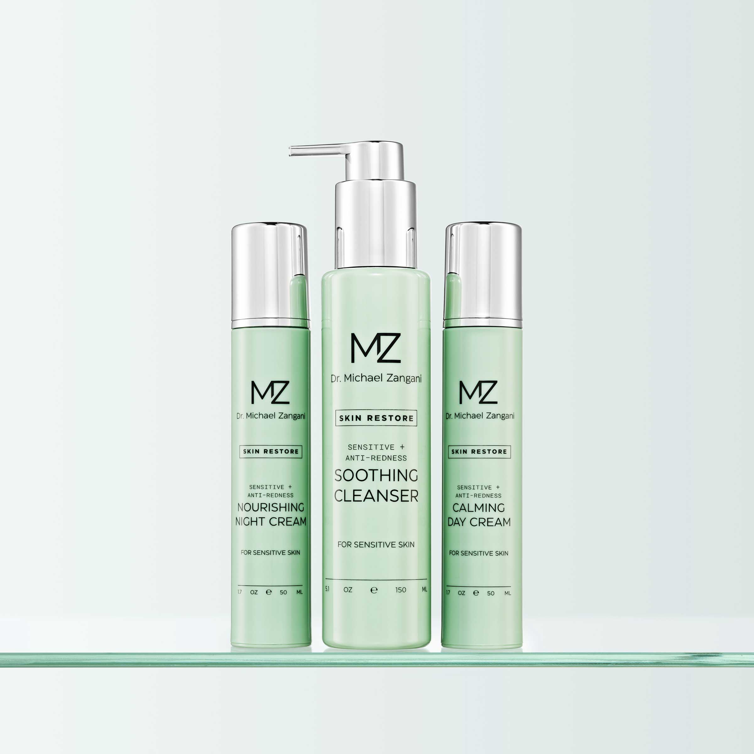 Dr. Michael Zangani sensitive kolleksjon trio cleanser dagkrem og nattkrem