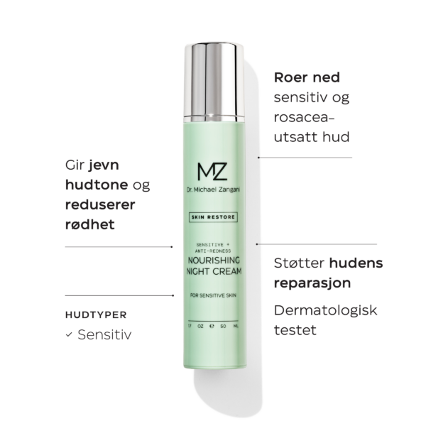 Anti-Redness Nourishing Night Cream roer ned sensitiv og rosacea-utsatt hud og gir jevn hudtone