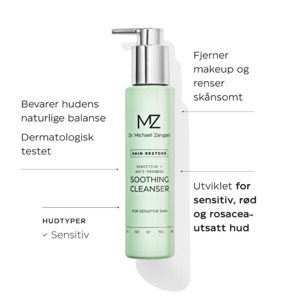 Soothing Cleanser Fjerner makeup og renser skånsomt og bevarer hudens naturlige balanse. Utviklet for sensitiv, rød og rosacea-utsatt hud