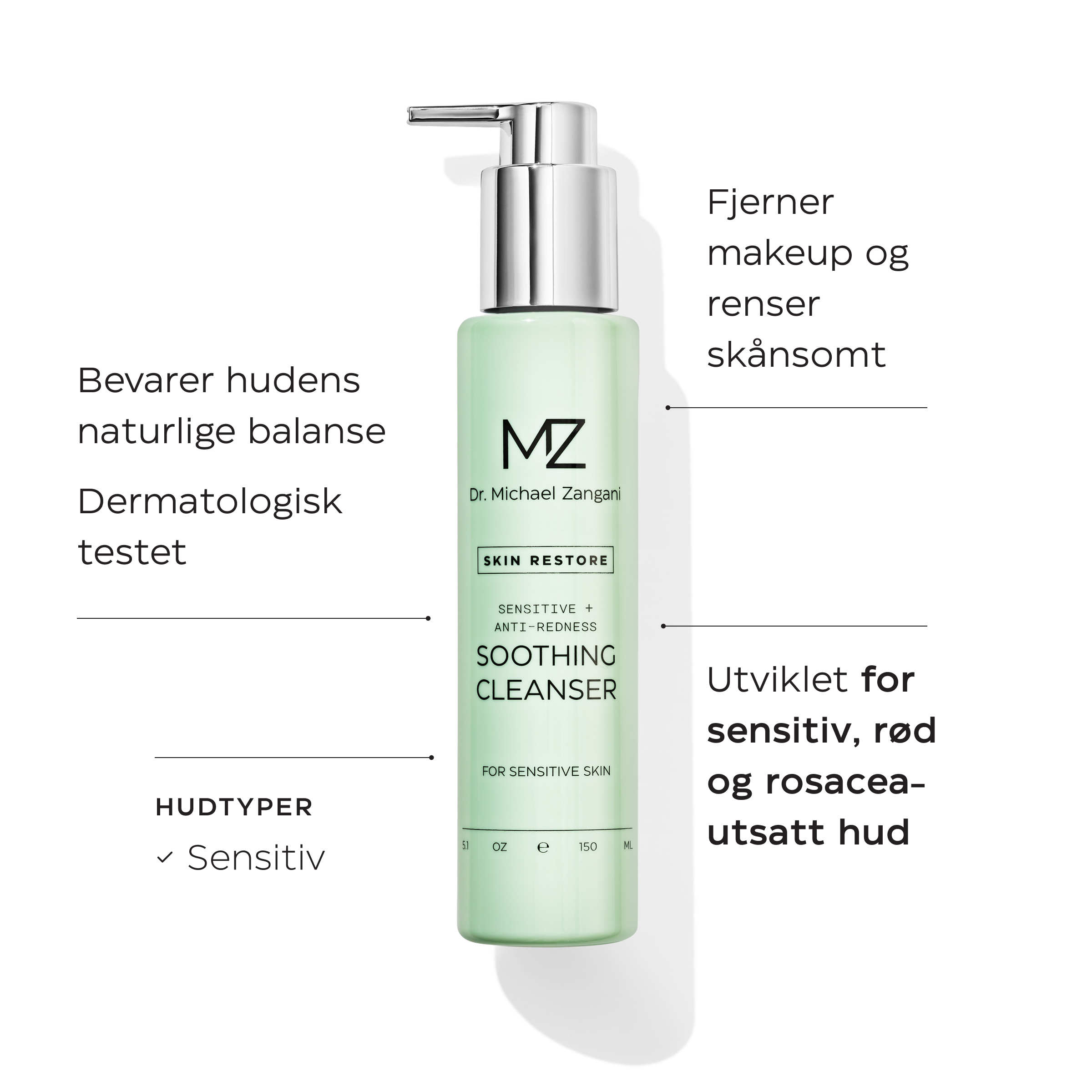 Soothing Cleanser Fjerner makeup og renser skånsomt og bevarer hudens naturlige balanse. Utviklet for sensitiv, rød og rosacea-utsatt hud